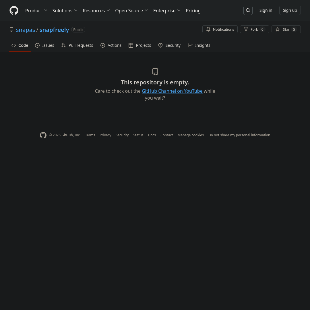 A screenshot of the snapfreely repository on github, its EMPTY. 